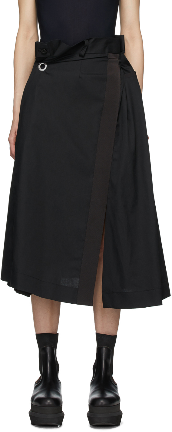 sacai: Black Poplin Gathered Waist Skirt | SSENSE UK