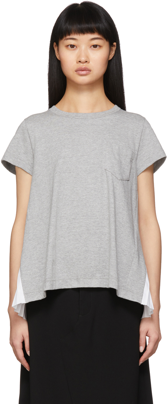 sacai: Grey Pleated Panel T-Shirt | SSENSE Canada