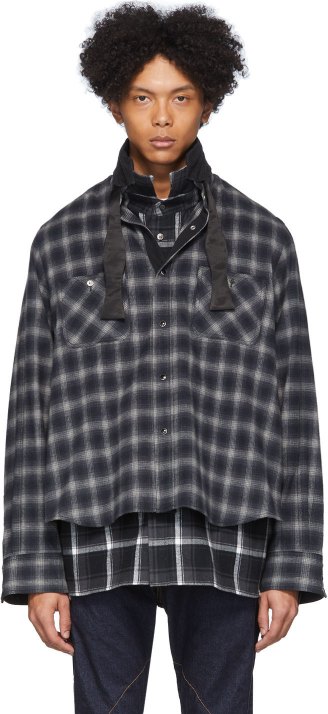 sacai: Black and Grey Ombre Check Shirt | SSENSE
