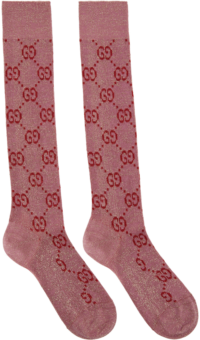 Gucci: Pink \u0026 Red Lamé GG Socks | SSENSE