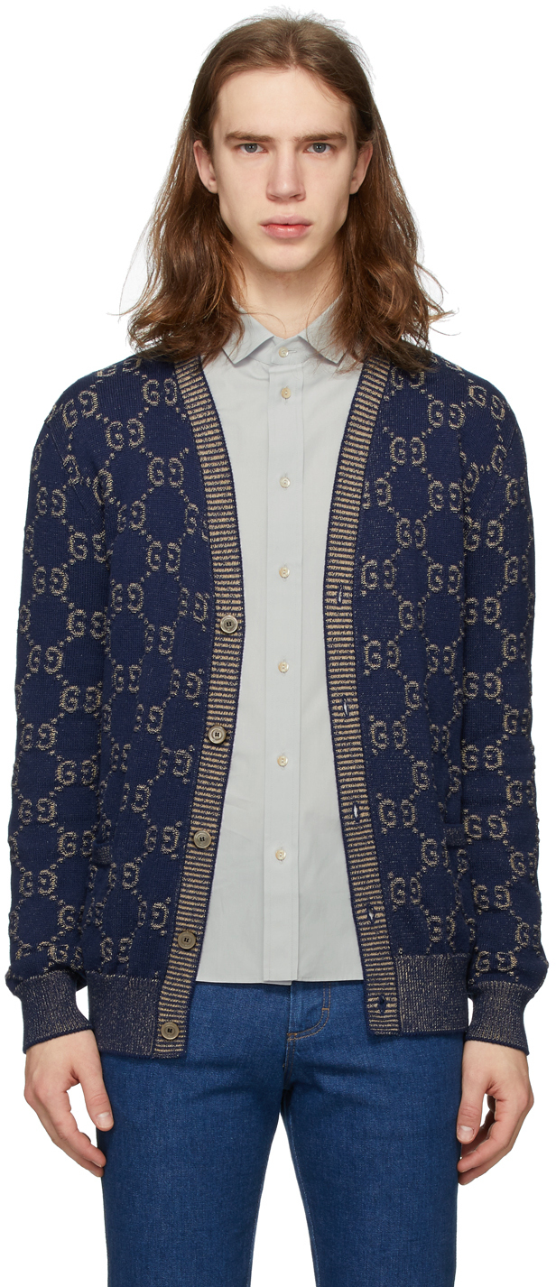 Gucci: Navy Knit GG Cotton Cardigan | SSENSE UK