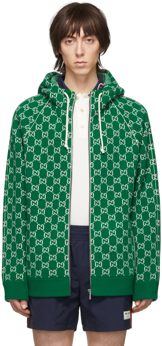 Gucci: Green & Off-White Wool GG Zip Hoodie | SSENSE UK
