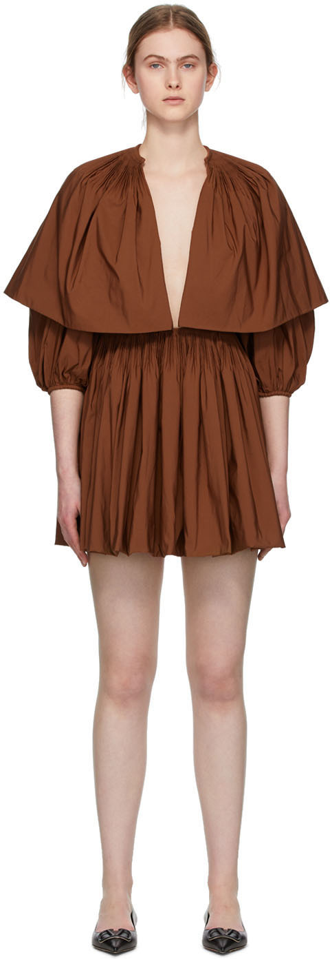 Valentino Brown Pleated V-Neck Mini Dress