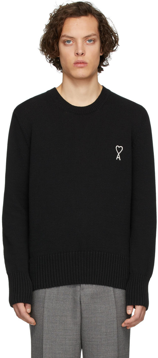 AMI Alexandre Mattiussi: Black Embroidered Ami De Coeur Sweater | SSENSE