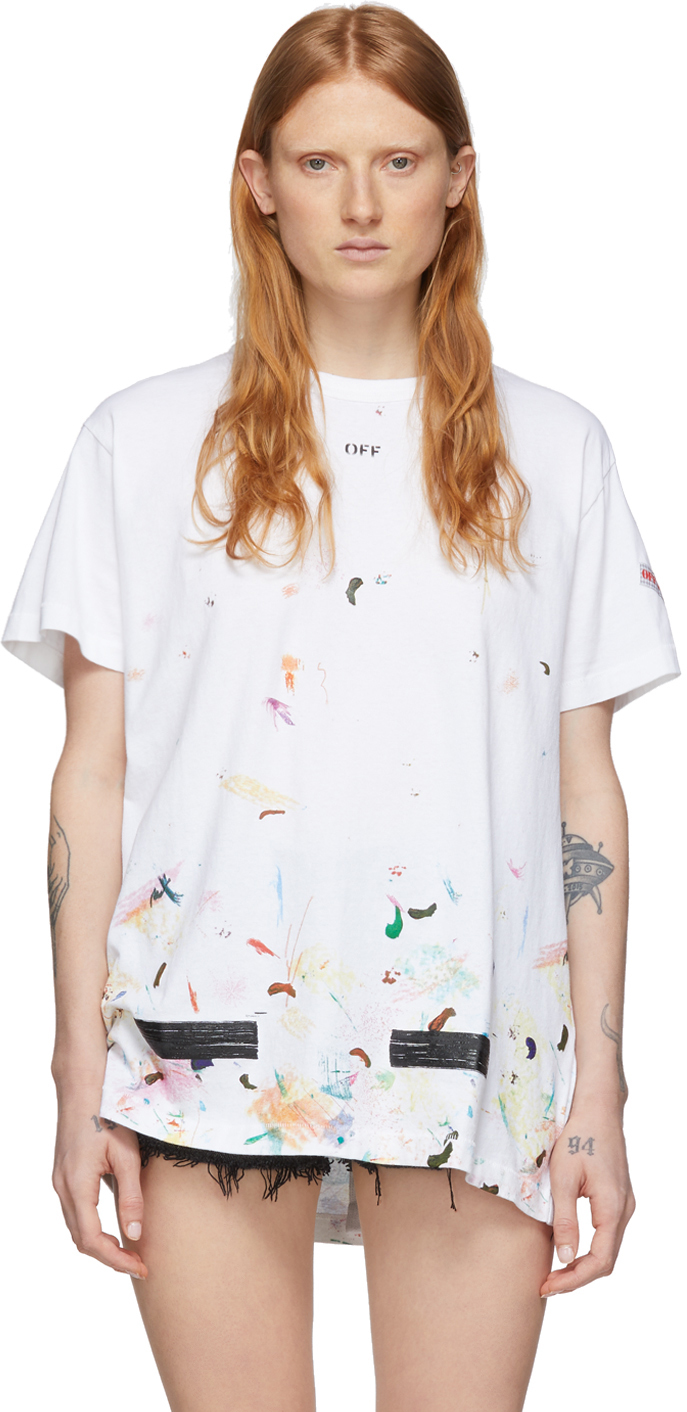 Off-White: SSENSE Exclusive White & Multicolor Paint Splatter T-Shirt ...