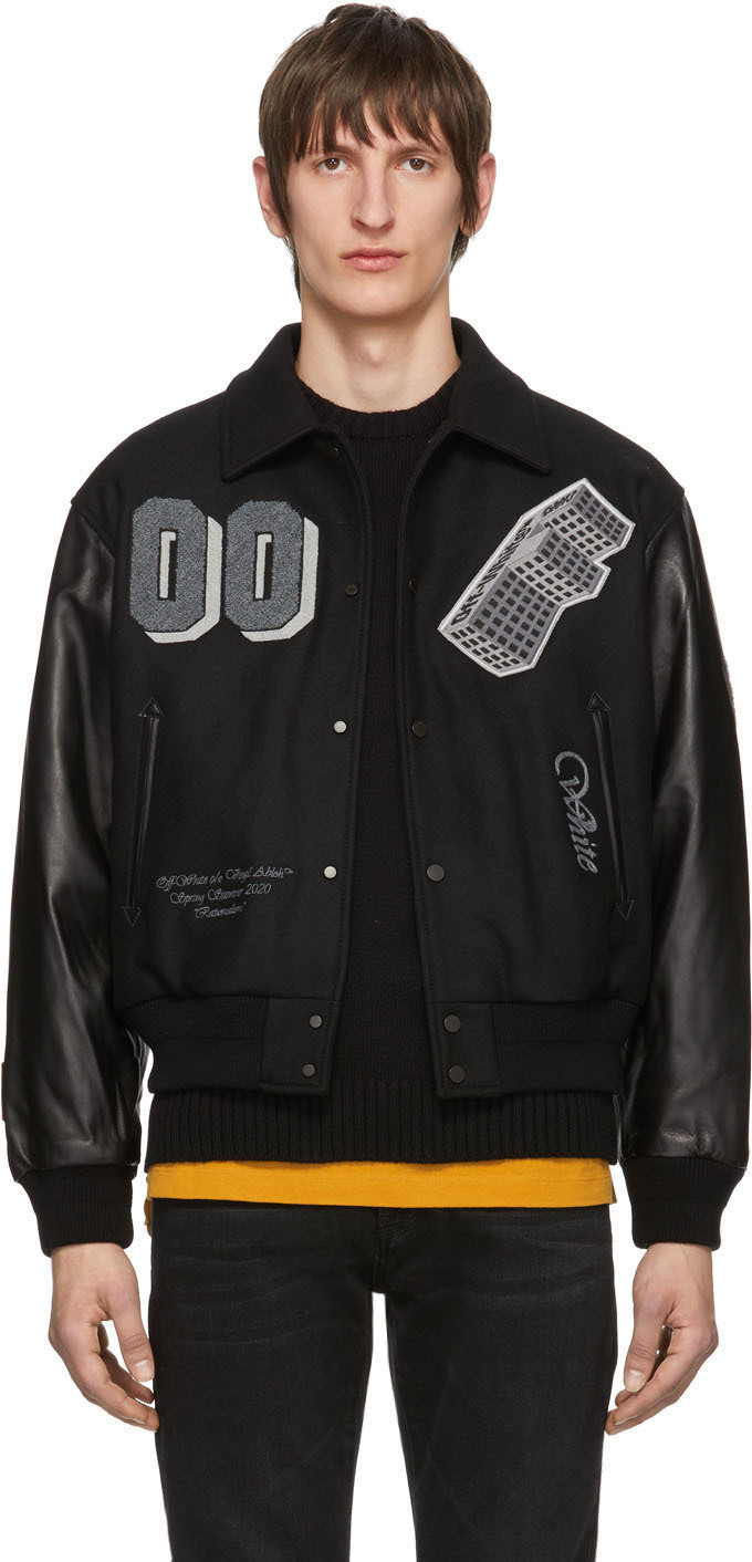 Off-White: Black Leather 'Golden Ratio' Varsity Jacket | SSENSE UK
