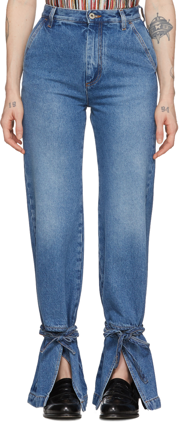 Loewe: Blue Tie Cut Panel Jeans | SSENSE UK