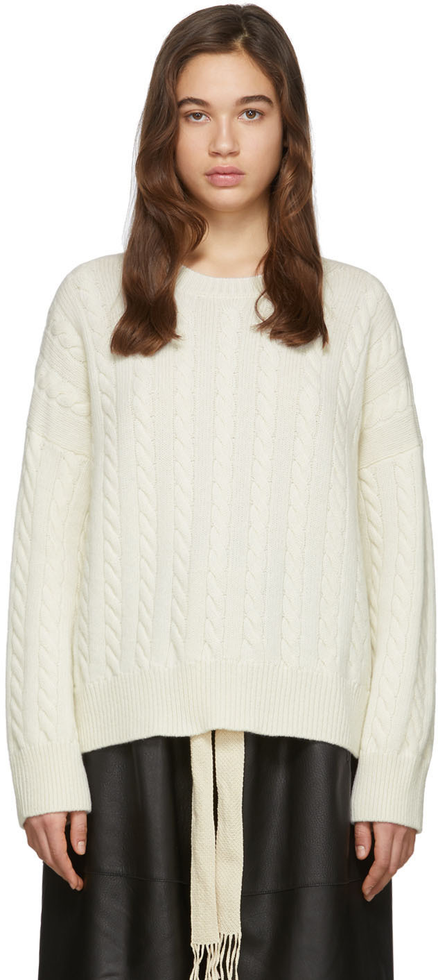 Loewe: Off-White Cable Crewneck Sweater | SSENSE