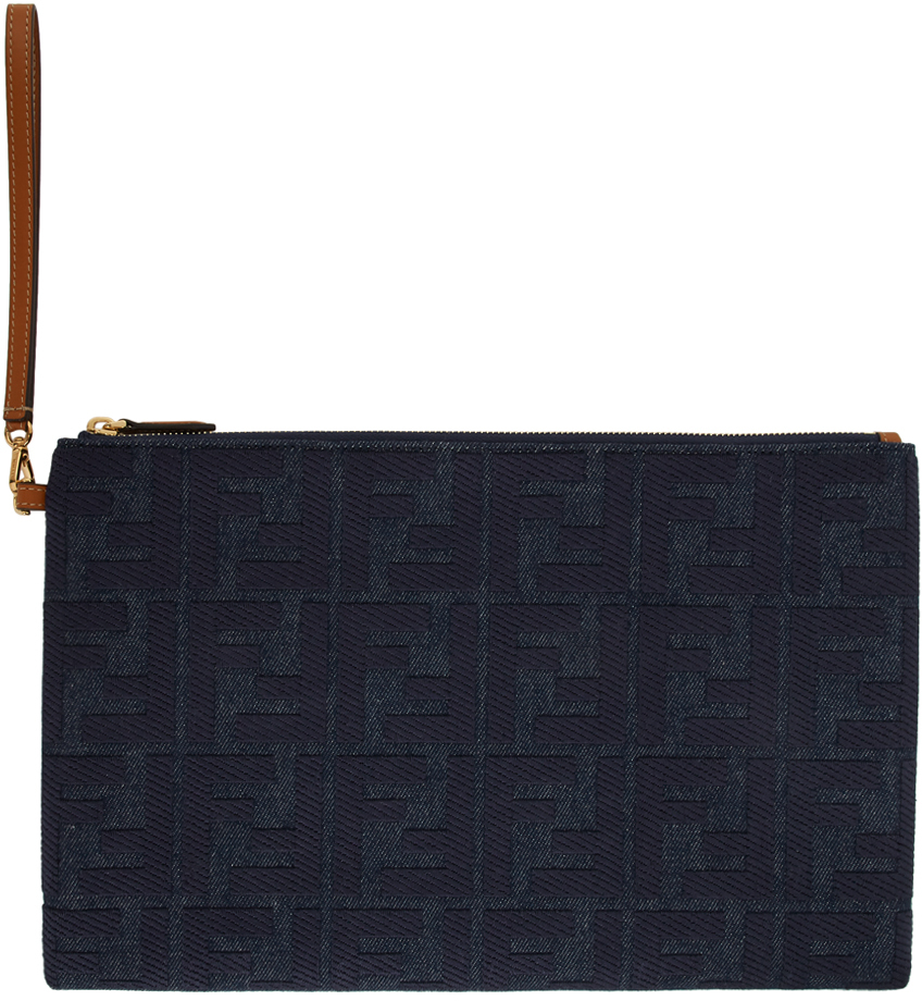 Fendi: Indigo Denim Large 'Forever Fendi' Embossed Pouch | SSENSE