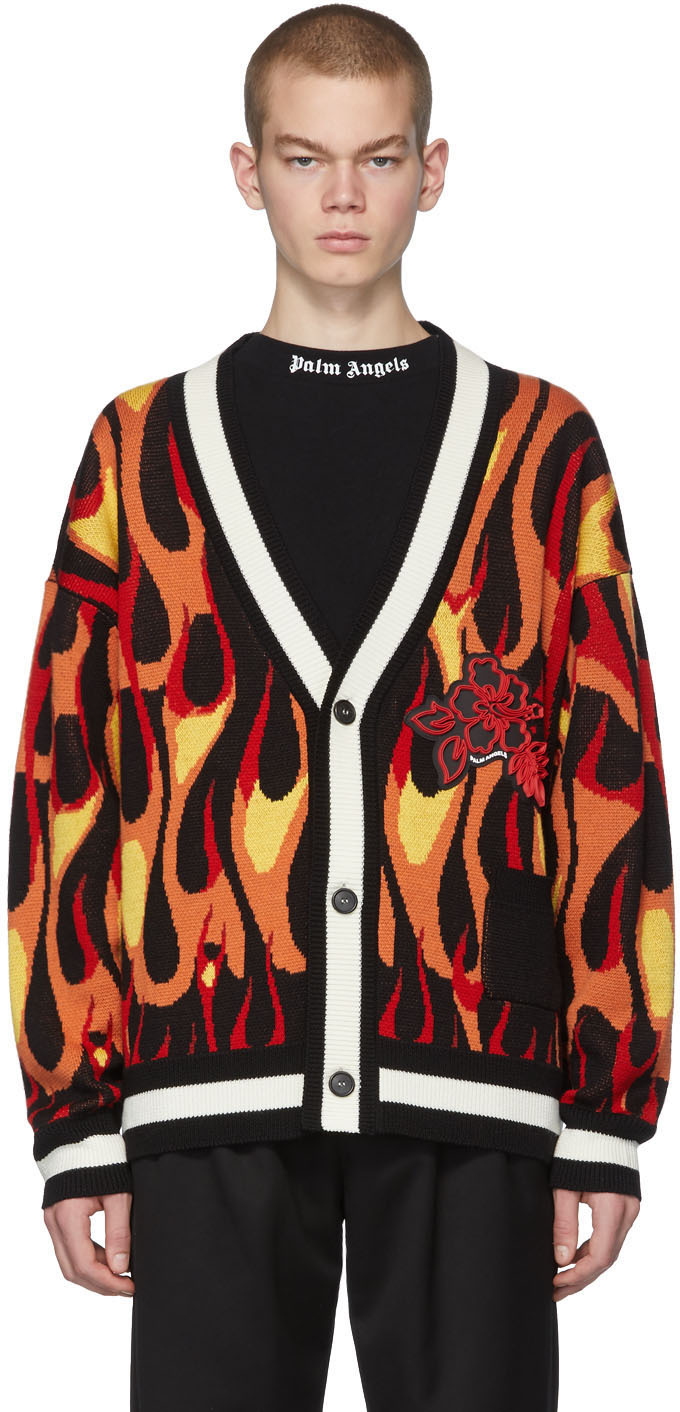 Palm Angels: Multicolor Wool Flames Cardigan | SSENSE Canada