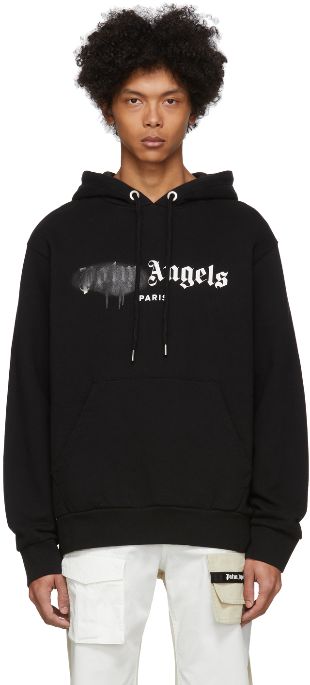 Palm Angels: Black 'Paris' Sprayed Logo Hoodie | SSENSE