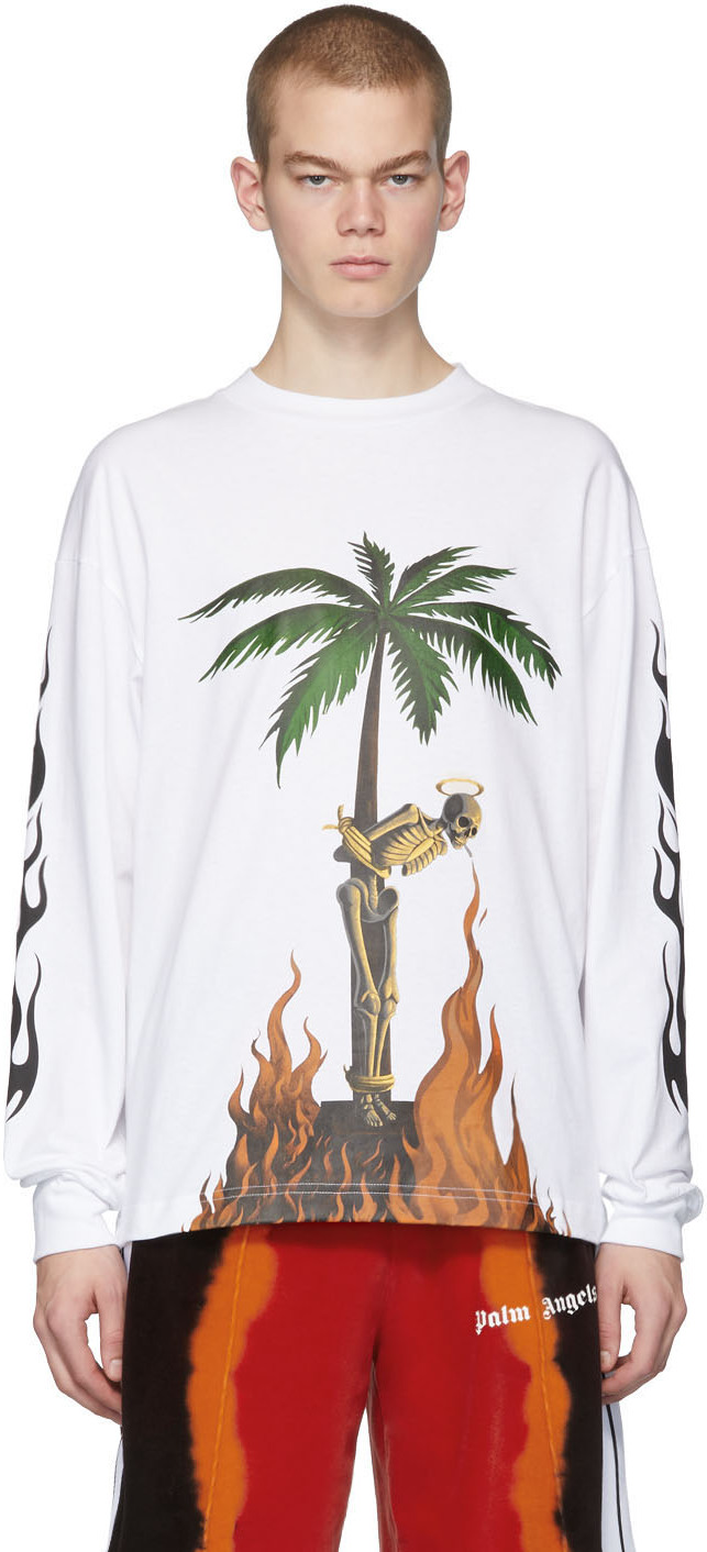 Palm Angels: White Burning Skeletons Long Sleeve T-Shirt | SSENSE