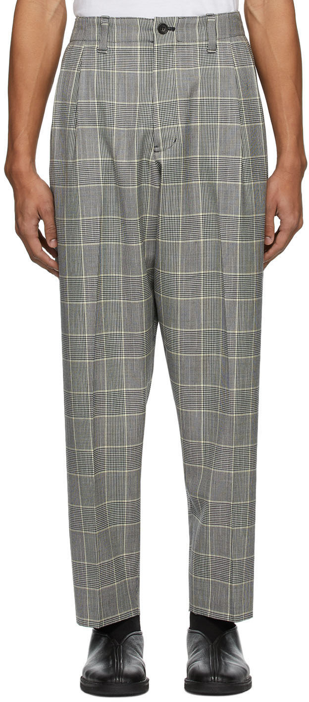 Blue Blue Japan: Black & White Kasuri Wool Glen Check Trousers | SSENSE ...