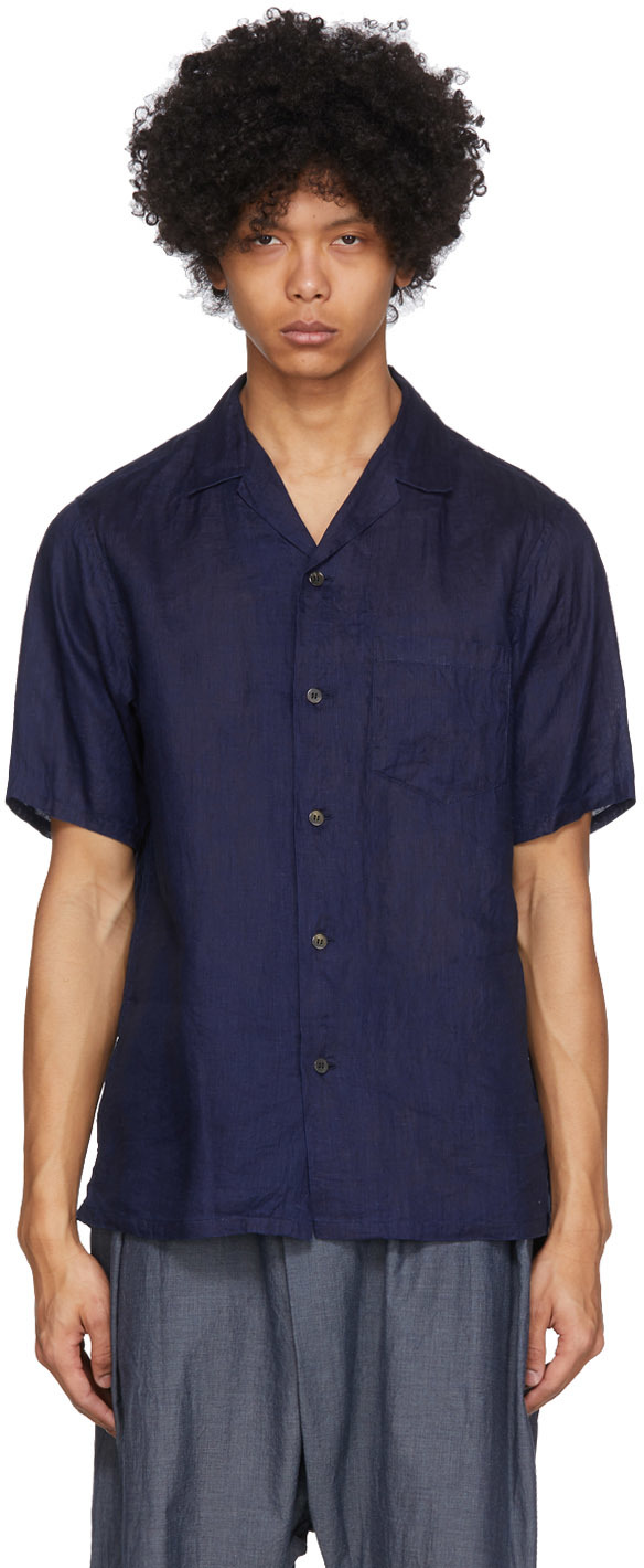 Blue Blue Japan: Indigo Linen Open Spread Collar Shirt | SSENSE
