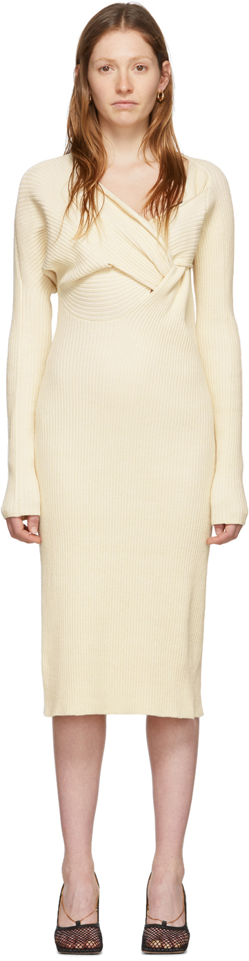 Bottega Veneta: Off-White Draped Knit Dress | SSENSE