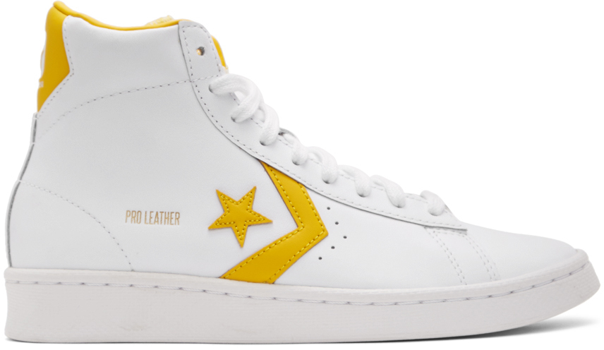 White \u0026 Yellow Leather Pro Mid Sneakers by Converse on Sale