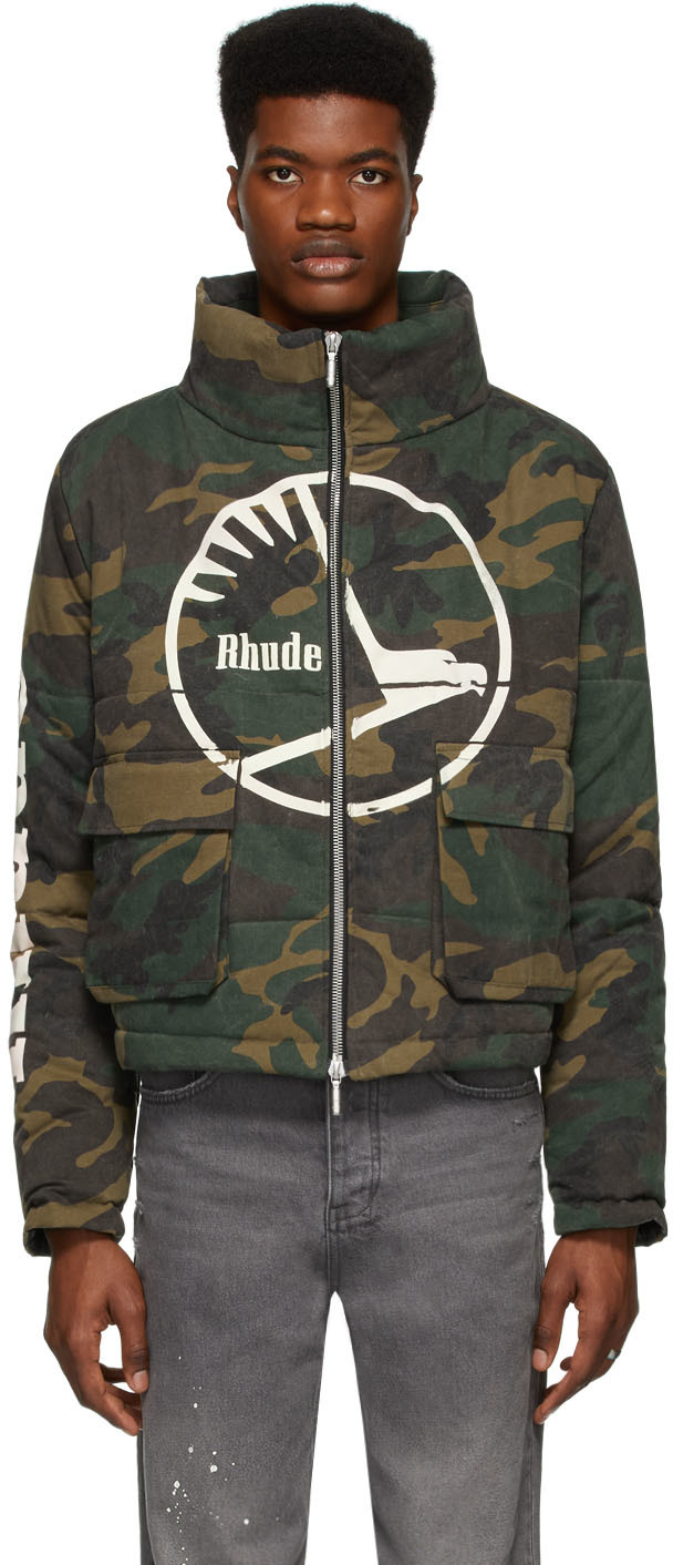 Rhude: Green Camouflage Puffer Jacket | SSENSE