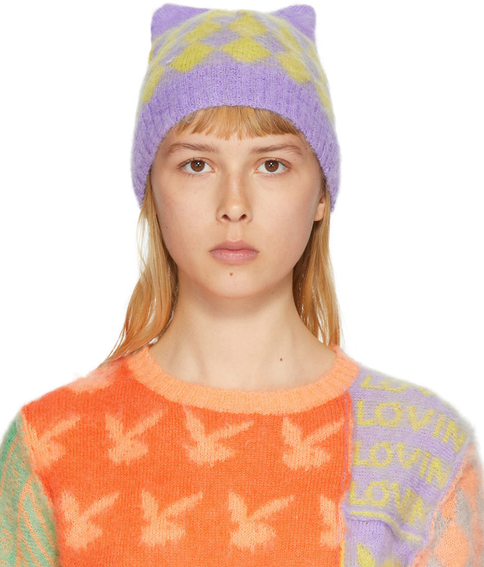 Ashley Williams: Purple & Yellow Mohair Diamond Cat Beanie | SSENSE Canada