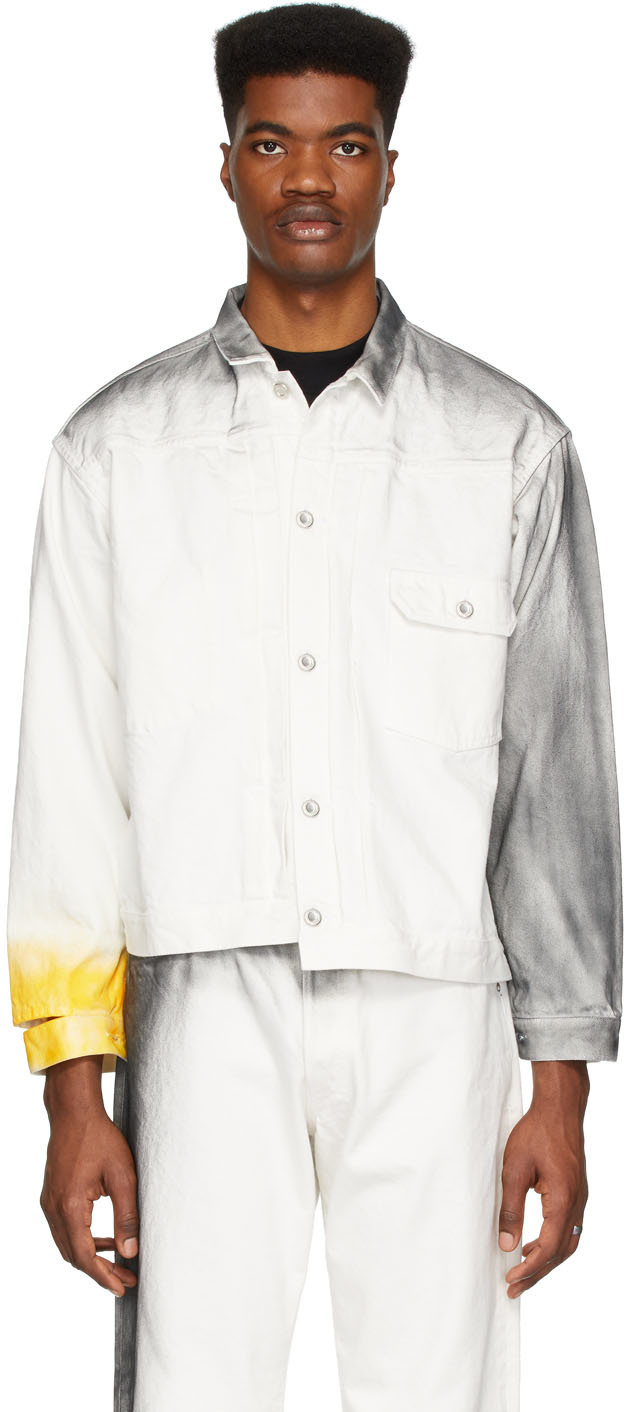 N.Hoolywood: White Denim Distressed Jacket | SSENSE