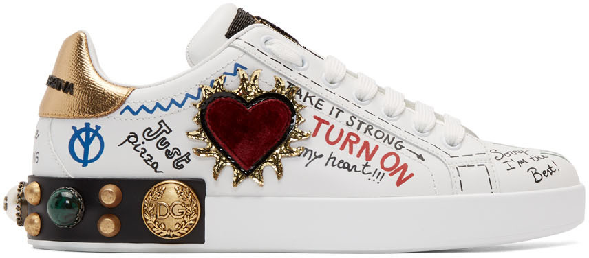 Dolce & Gabbana: White Heart Graffiti Portofino Sneakers | SSENSE