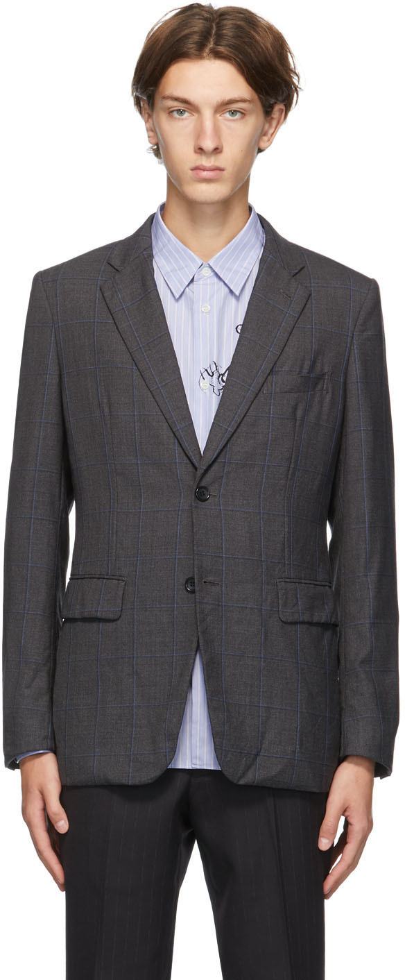 Comme des Garçons Homme Deux: Grey Wool Check Blazer | SSENSE