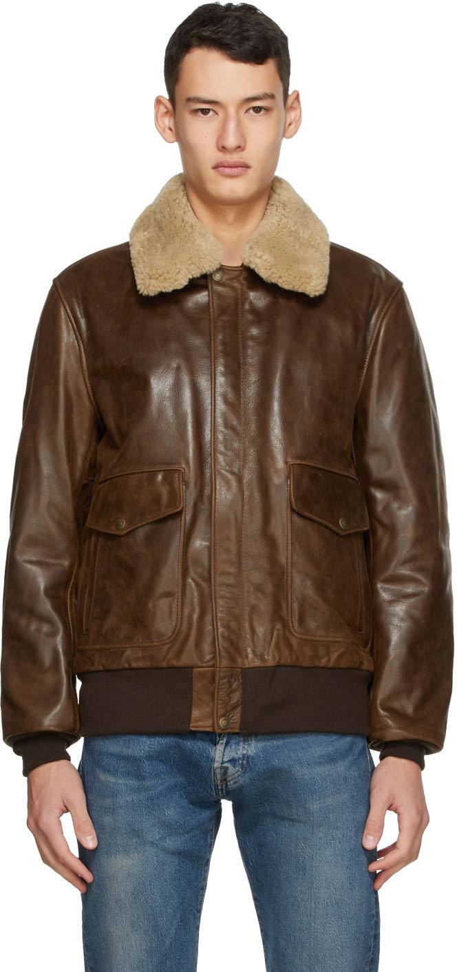 Schott: Brown Leather Bomber Jacket 