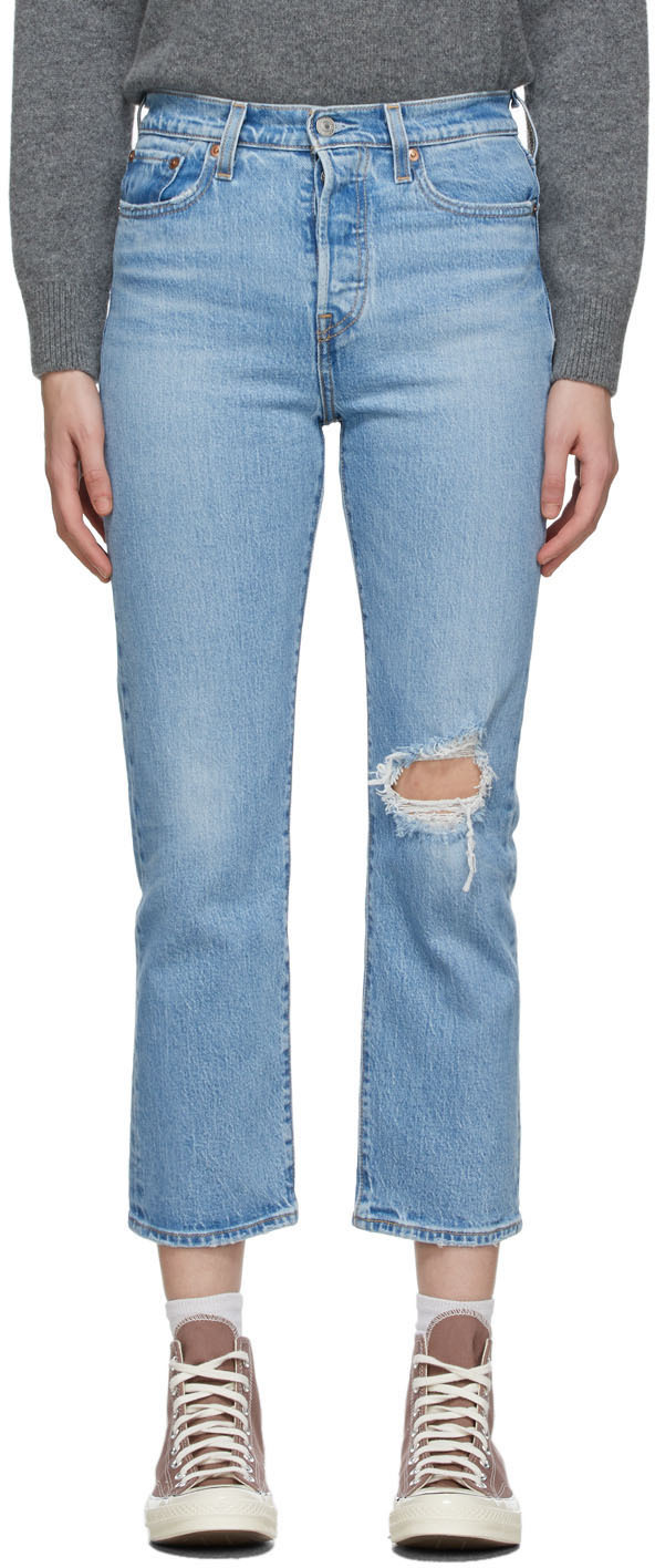 Blue Distressed Wedgie Straight Jeans by Levi's on Sale