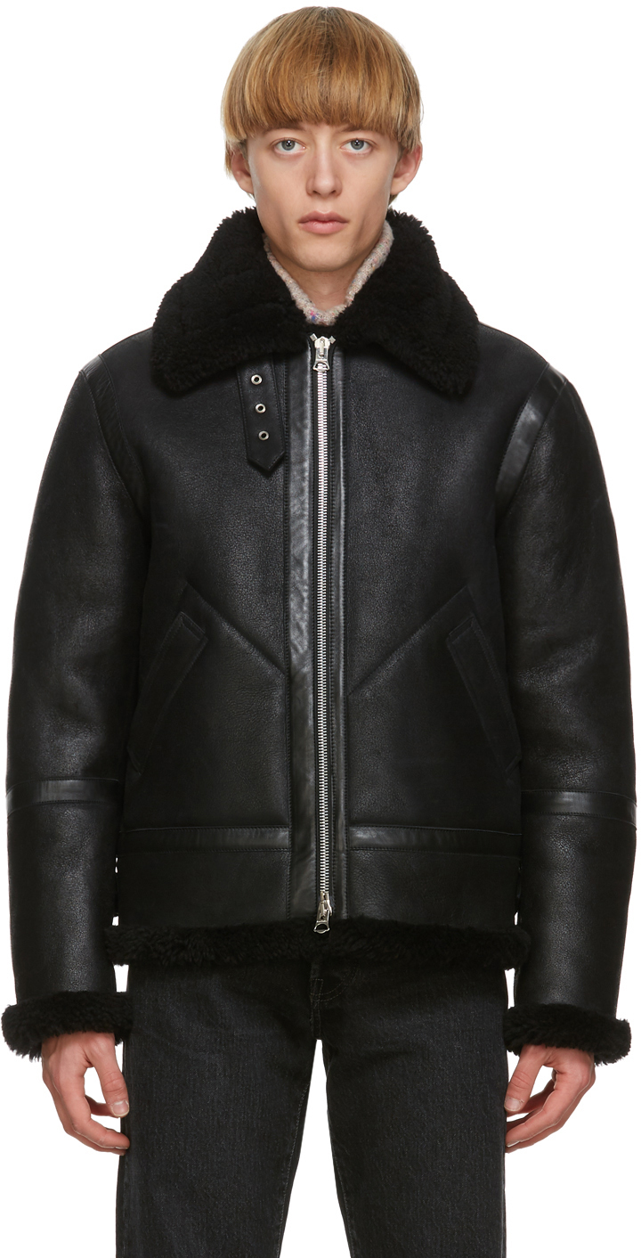 Acne Studios: Black Shearling Aviator Jacket | SSENSE