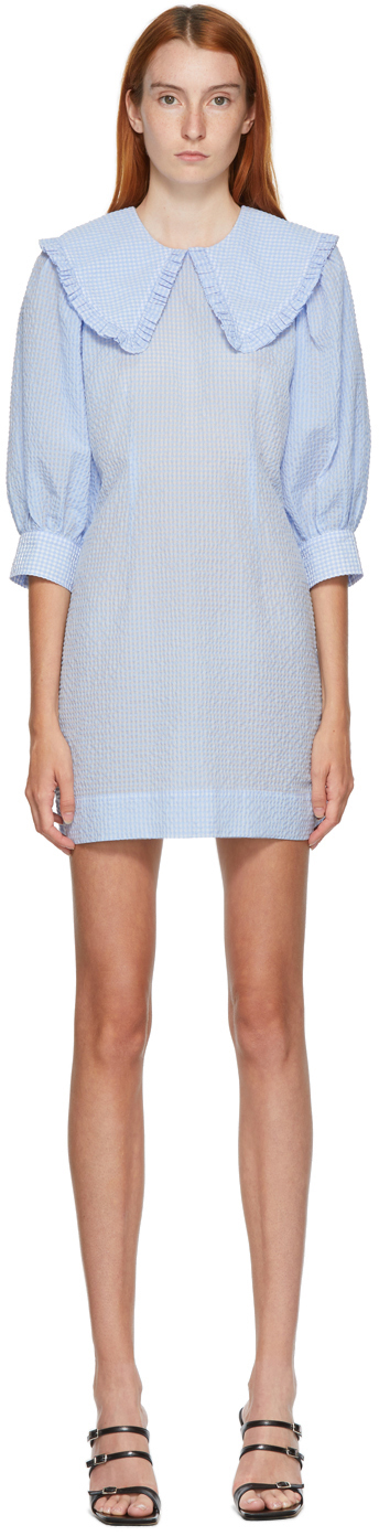 GANNI SSENSE Exclusive Blue & White Seersucker Check Short Dress