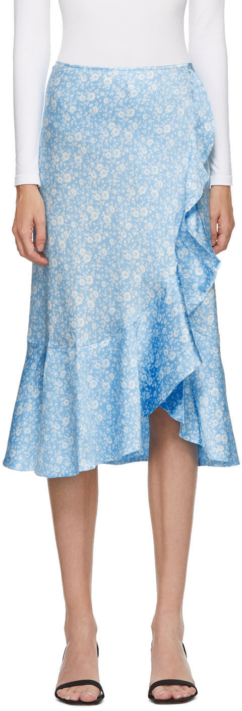GANNI Blue Silk Floral Frill Skirt