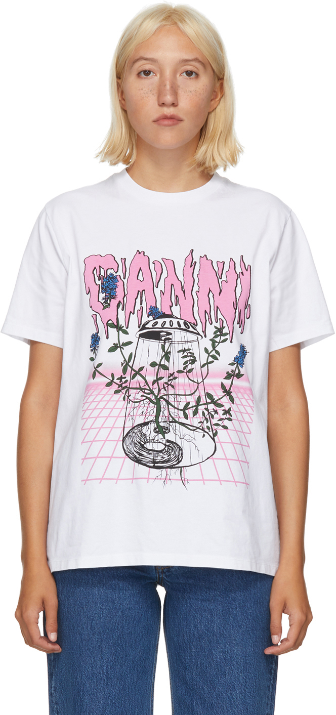 GANNI: White UFO Flower T-Shirt | SSENSE