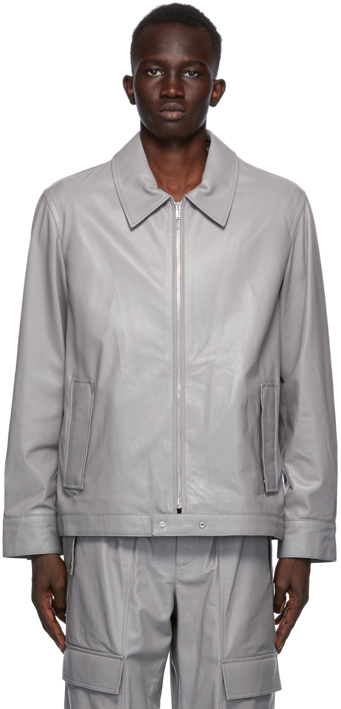 Helmut Lang: Grey Leather Zip Jacket | SSENSE Canada