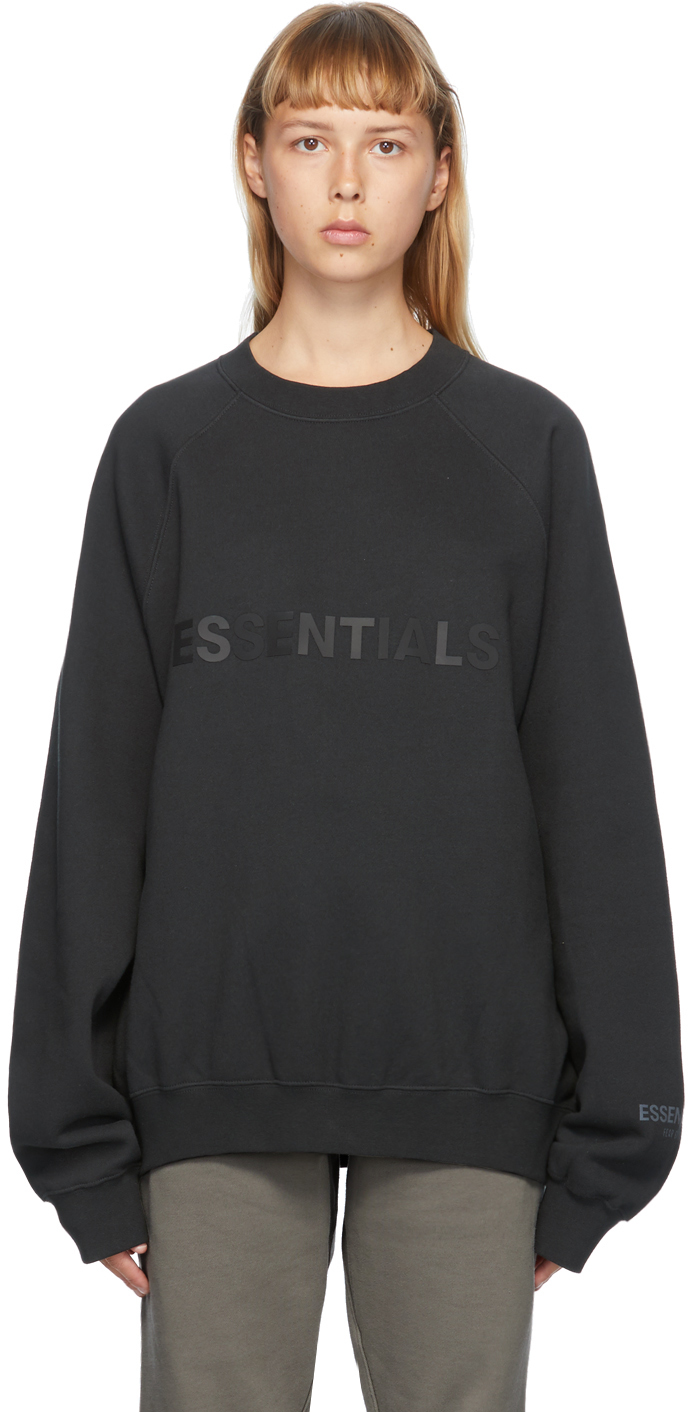 Essentials: Black Logo Crewneck Sweatshirt | SSENSE