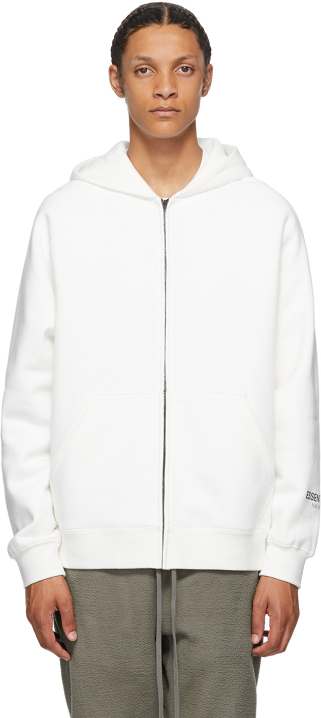 Essentials: White Raglan Full Zip Hoodie | SSENSE Canada