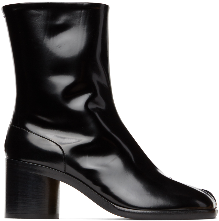 black patent tabi boots