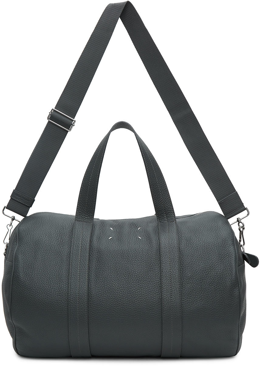 grey leather duffle bag