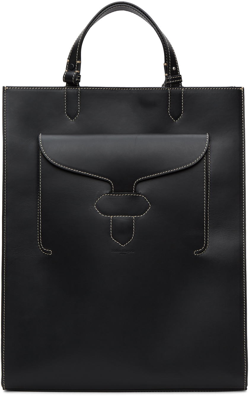 Maison Margiela: Black Leather Shopper Tote | SSENSE