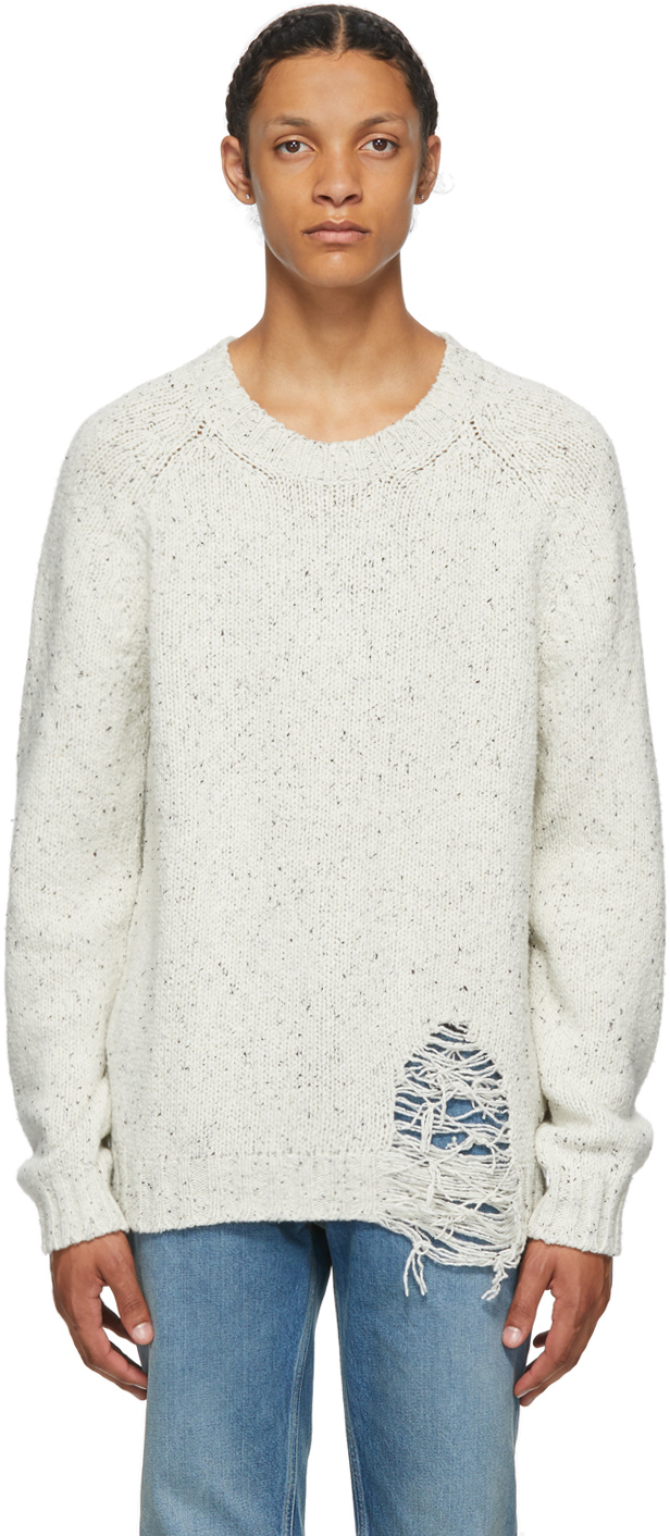 Maison Margiela: White Wool Destroyed Hem Sweater | SSENSE UK