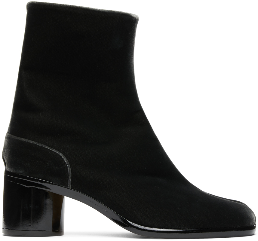 Maison Margiela: Black Velvet Mid Heel Tabi Boots | SSENSE