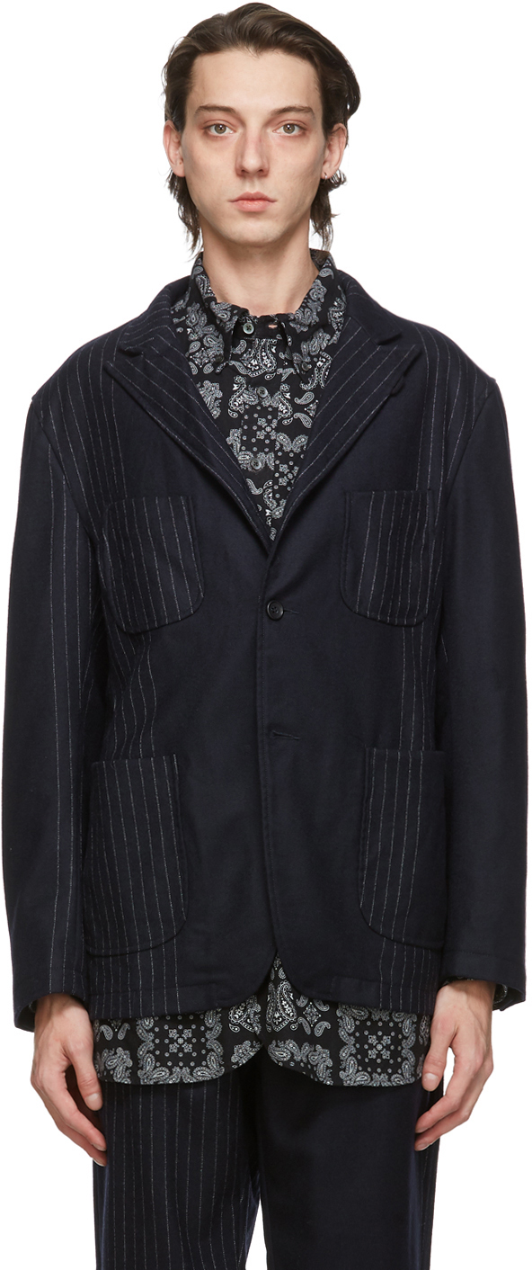 Engineered Garments: Navy Wool Striped NB Jacket | SSENSE