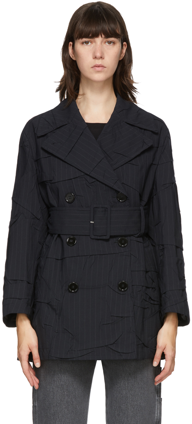 MM6 Maison Margiela: Navy Crushed Wool Trench Coat | SSENSE