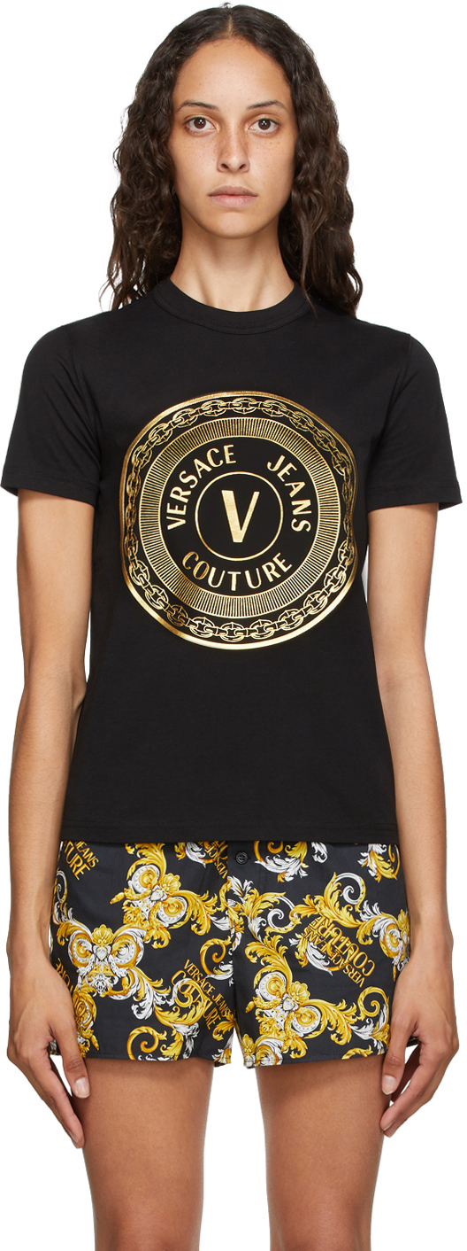 Versace Jeans Couture: Black V-Emblem Logo T-Shirt | SSENSE