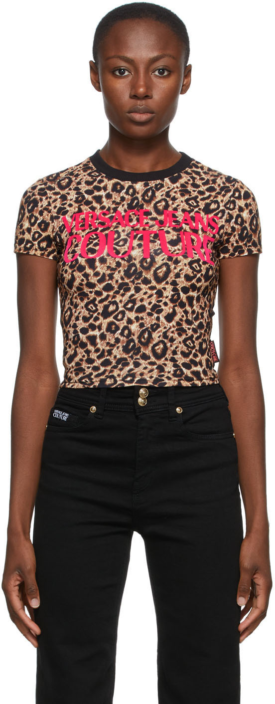 Versace Jeans Couture Beige & Black Leopard Crop T-Shirt