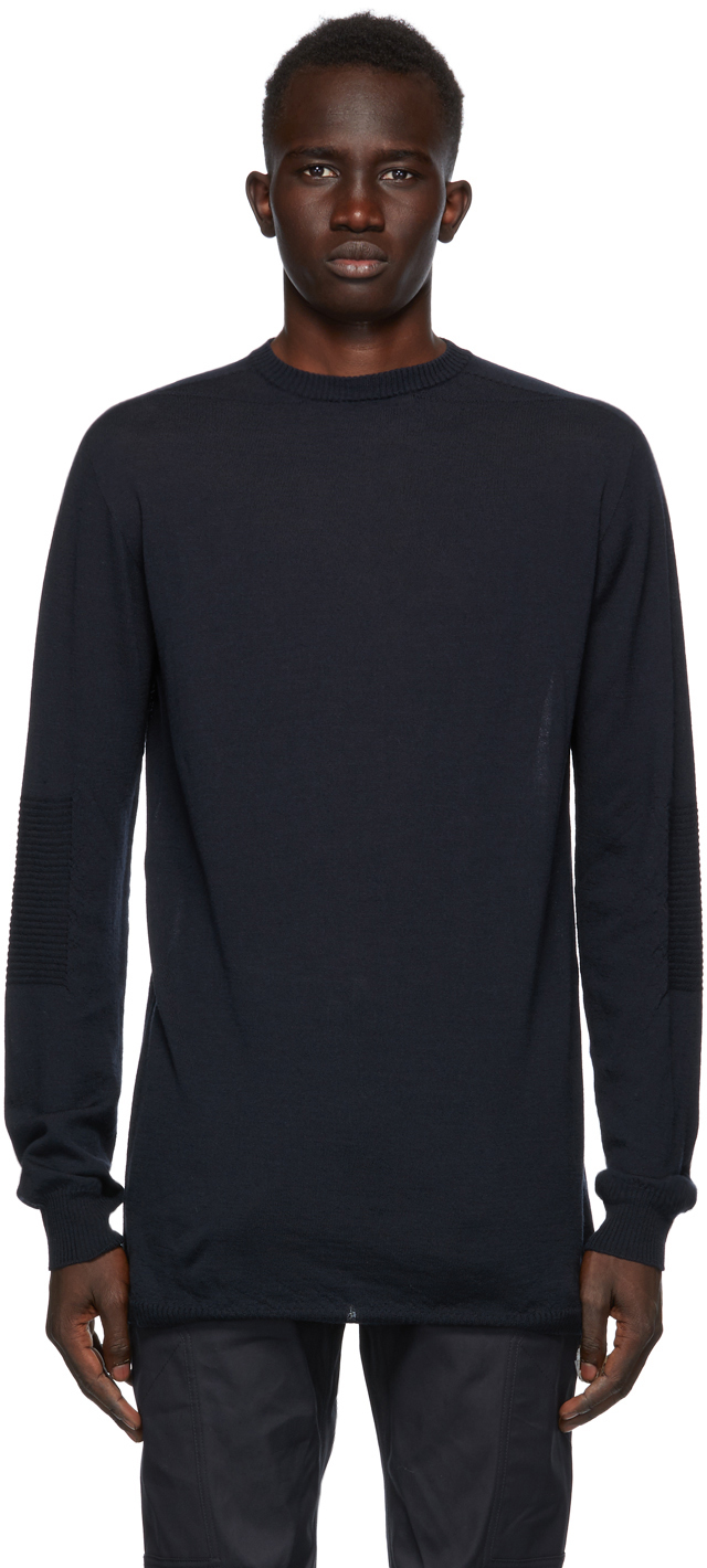 Rick Owens: Navy Wool Oversized Round Neck Sweater | SSENSE