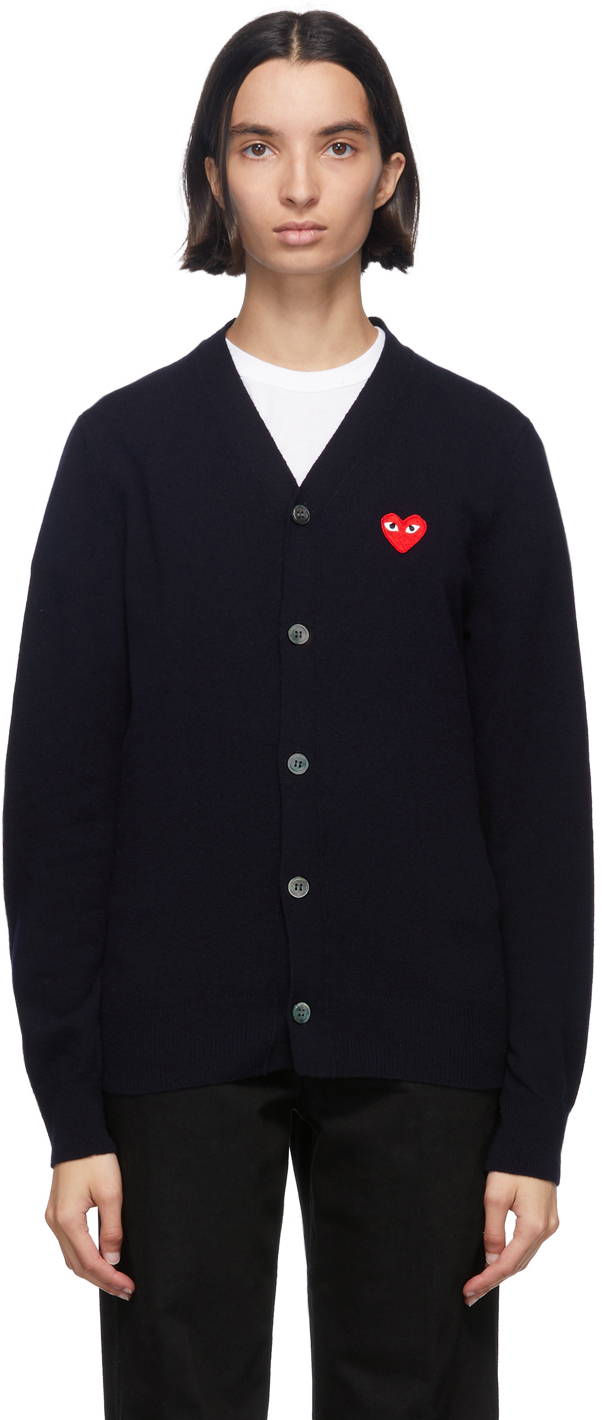 Navy & Red Wool Men's Fit Heart Patch V Neck Cardigan Navy & Red Wool Men's Fit Heart Patch V Neck Cardigan