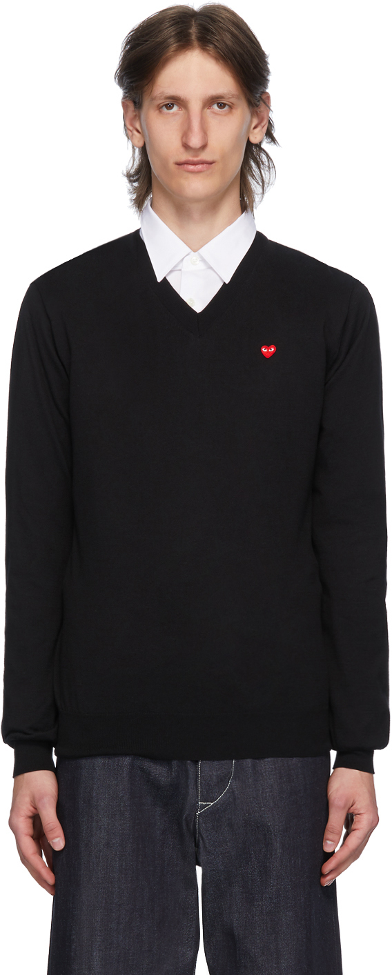 Black & Red Heart Patch V-Neck Sweater