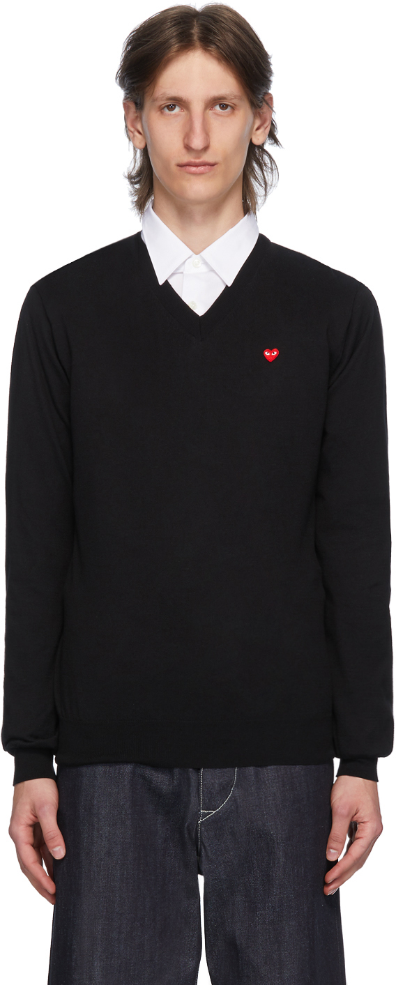 COMME des GARÇONS PLAY: Black & Red Heart Patch V-Neck Sweater