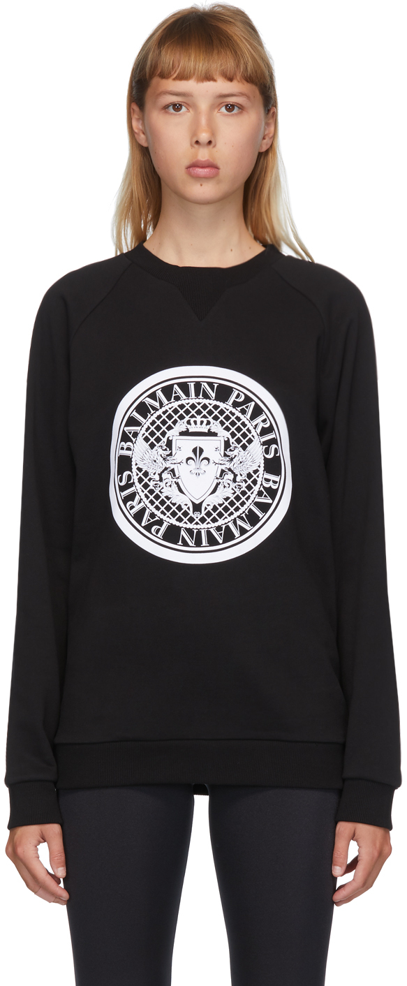 Balmain: Black & White Flocked Medallion Sweatshirt | SSENSE