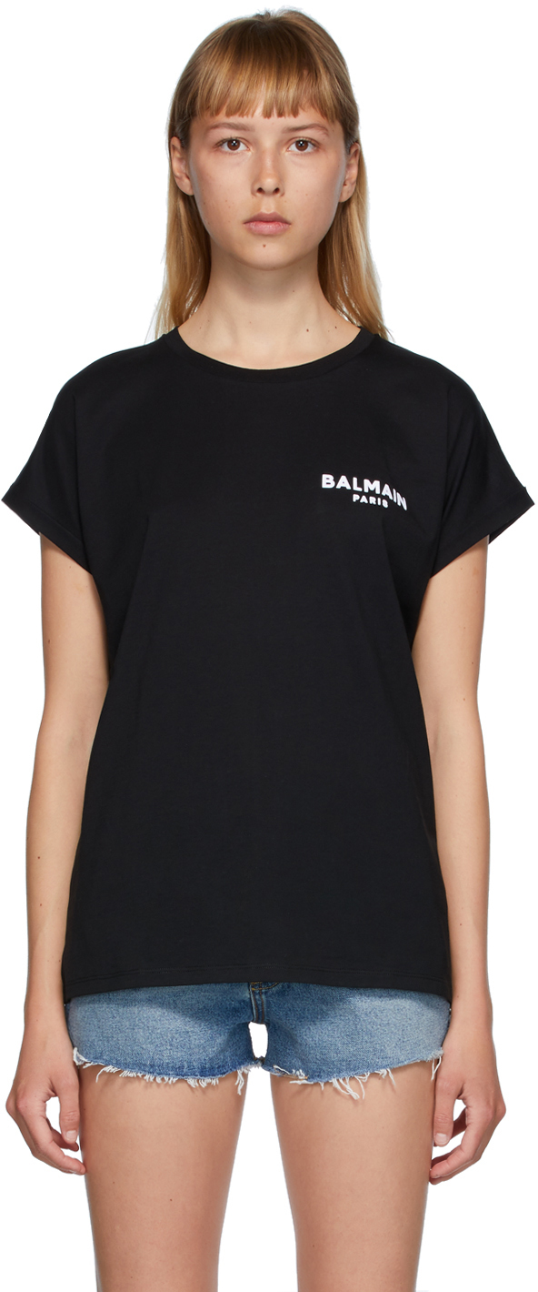 Balmain: Black Flocked Logo T-Shirt | SSENSE