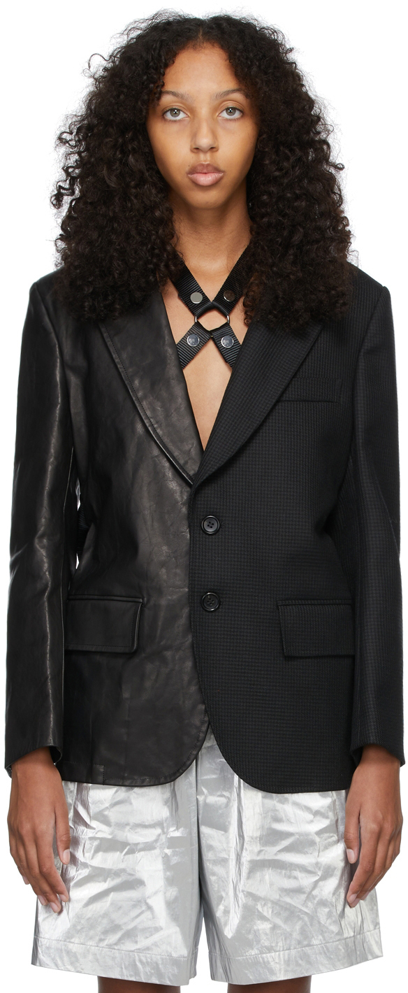 Junya Watanabe Black Paneled Leather & Houndstooth Jacket